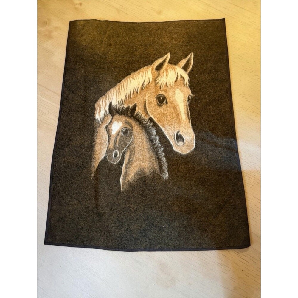 Vtg Biederlack Brown Horse Foal Thick Reversible Heavy Blanket Cotton Blend USA